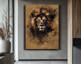 Lion Wall Art Canvas, Black Brown Brush Style Lion Portrait, Contemporary Expressionist Decor, Entryway Wall Hanging, Housewarming Gift
