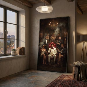 May include: A framed artwork depicts a group of people in formal attire, seated and standing in a dimly lit room. The central figure, in a white suit, sits on a red throne. Smoke and a chandelier add to the dramatic atmosphere. The artwork is leaning against a wall.