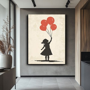 Girl Holding Four Red Balloons Canvas Art, Cheerful Canvas Print, Modern Wall Decor, Decor for Kids Rooms, Fun Home Decor,Wall Art