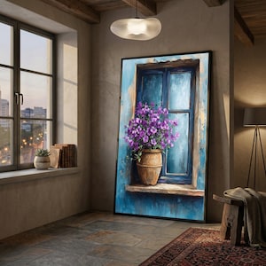 Rustic Blue Window Scene with Purple Flowers Canvas, Floral Pot Home Decor, Vintage Window Wall Art, Garden Bloom Canvas Print