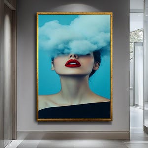 Woman with Red Lipstick Canvas Print, Cloud Head Canvas Painting, Elegant and Dreamy Modern Art for Chic Interiors,Wall Art