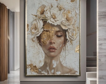 Serene Floral Crown Art Canvas, Female Portrait Art, Luxury Feminine Style, Entryway Wall Art, Thoughtful Mother's Day Gift