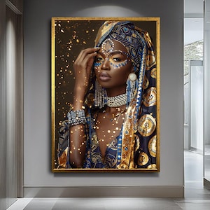 African Woman Portrait Canvas Art, Blue and Gold Headwrap Cultural Wall Decor image 1
