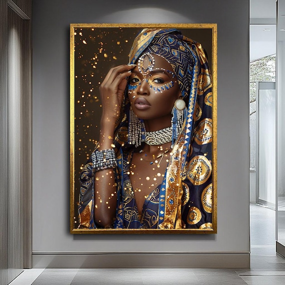 African Woman Art,Elegant African Woman with Headwrap Canvas Art - Bold and Stylish Portrait, Cultural Wall Decor,Wall Art