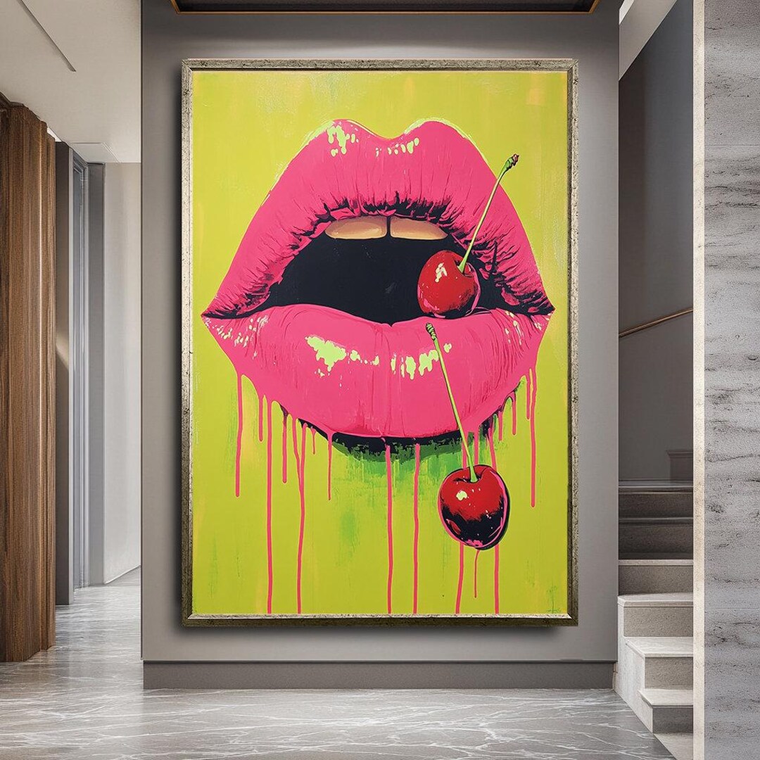 Colorful Pop Art Lips With Cherries Canvas Print - Modern Wall Art