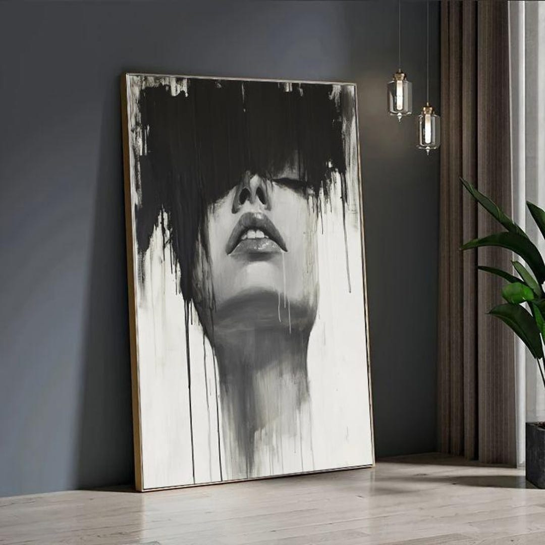Abstract Woman Portrait Wall Art – Dripping Black Paint Face Canvas ...