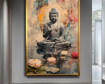 Serene Buddha with Lotus Flowers | Tranquil Meditation Art | Zen Wall Decor for Mindful Living Spaces | Spiritual Canvas Print