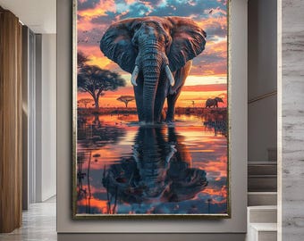 Elephant Wall Art Canvas Print, Reflective Water African Elephant, African Sunset Realism, Above Sofa Decor, Housewarming Gift