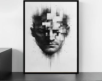 Black and White Canvas Art - Abstract Male Portrait – Fragmented Geometric Face Art – Modern Black and White Wall Decor - Ready to Hang