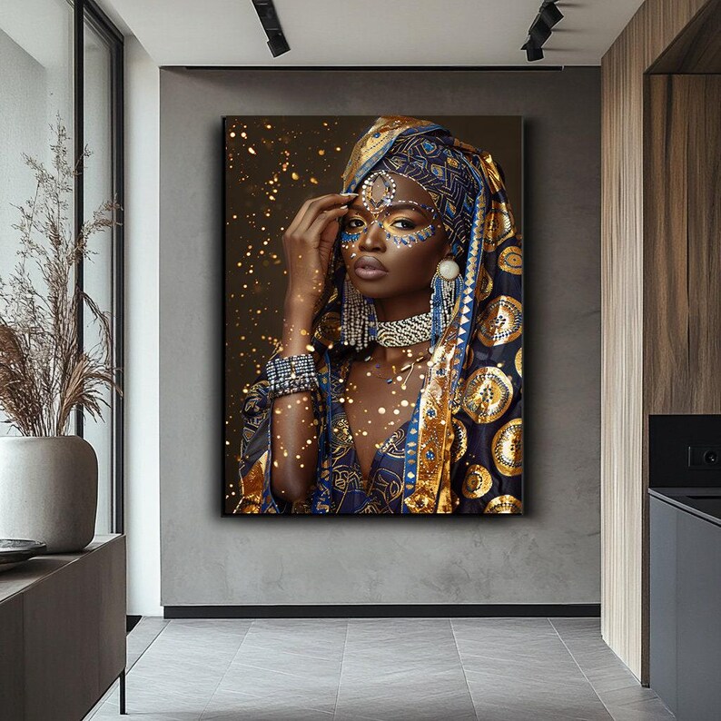 African Woman Portrait Canvas Art, Blue and Gold Headwrap Cultural Wall Decor image 7