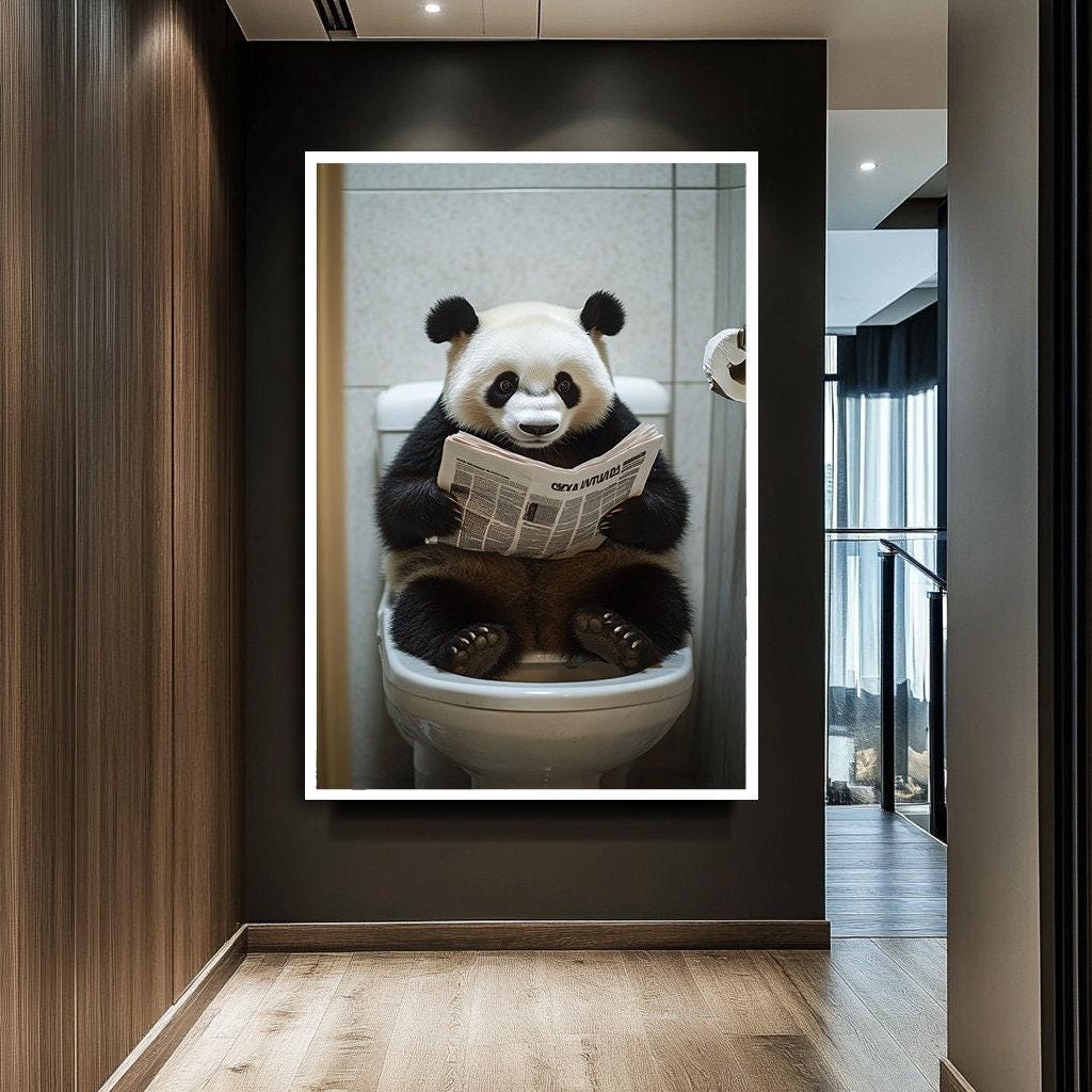 Funny Panda Reading Newspaper on Toilet – Humorous Canvas Print for ...