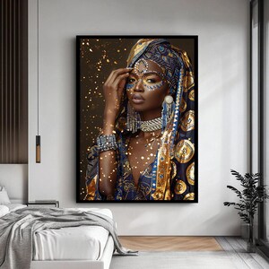 African Woman Portrait Canvas Art, Blue and Gold Headwrap Cultural Wall Decor image 2