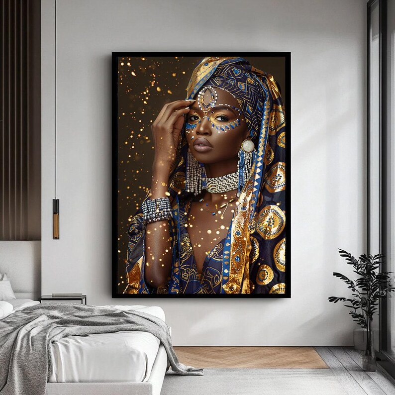 African Woman Portrait Canvas Art, Blue and Gold Headwrap Cultural Wall Decor image 2