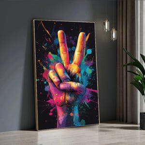 Peace Sign Wall Art – Colorful Hand Gesture Canvas – Urban Street Style Print – Vibrant Pop Art Poster – Modern Graffiti Decor