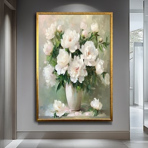 Arte abstracto en lienzo con flores blancas en jarrón, decoración de pared floral moderna, pintura minimalista de flores blancas, elegante obra de arte con jarrón para sala de estar