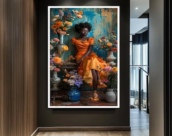 Florale und schöne Frauen Kunst - Elegante Leinwand mit Blumen und weiblichem Porträt, Modernes Wohndekor.