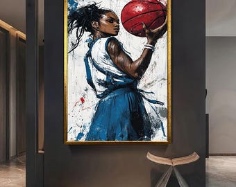 Bold Basketball Canvas Wall Art - Athletic Woman with Basketball Print - Sports-Themed Artwork for Modern Home or Gym Decor