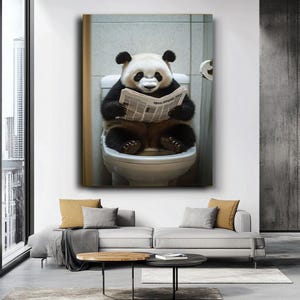 Funny Panda Reading Newspaper on Toilet – Humorous Canvas Print for ...