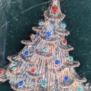 Vintage Christmas Tree brooch with silver tone and enameled ornaments in original box. (Looks like Gerry&#39;s?)