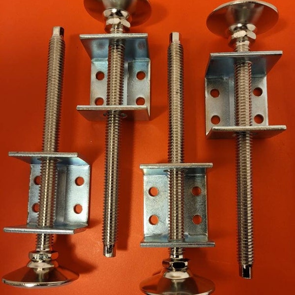 Set of (4) Adjustable Lathe Leg Furniture Leveling Feet 3/8"-16 x 5 1/2" Chrome w/4 Flat mounting Brackets.