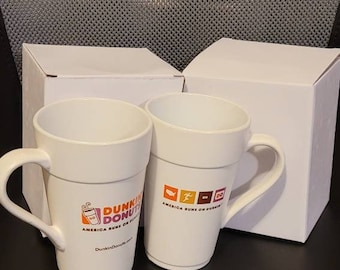 Dunkin' Donuts Coffee Cups Coffee Mugs. Set of (2) 16 Ounce Cups. New White and Orange