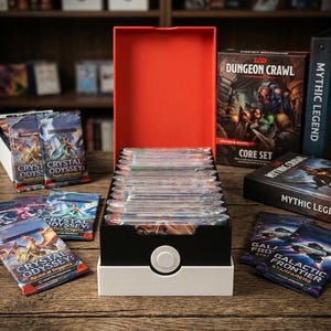 Puede incluir: Una caja de almacenamiento de cartas blanca, negra y roja, que se asemeja a una Poké Ball, está abierta para revelar una pila de paquetes de cartas. Varios paquetes de cartas "Crystal Odyssey" y "Galactic Frontier" son visibles, junto con una caja de juego "Dungeon Crawl".