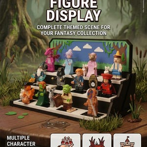 Puede incluir: Un soporte de exhibición negro de varios niveles con varias figuras de personajes de Shrek. La imagen incluye el texto SHREK FIGURE DISPLAY y COMPLETE THEMED SCENE FOR YOUR FANTASY COLLECTION, junto con iconos de figuras, un entorno de pantano y un castillo.