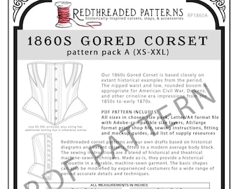 1860s Gored Corset PDF Pattern - Size Pack A (XS-XXL)