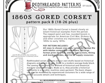 1860s Gored Corset PDF Pattern - Size Pack B (18-26 plus)