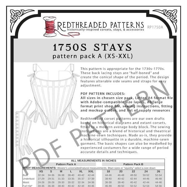 1750s Stays PDF Pattern - Size Pack A (XS-XXL)