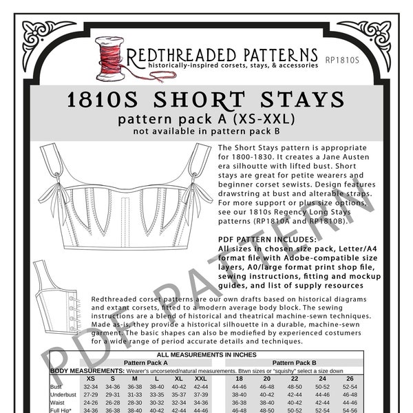 1810s Short Stays PDF Pattern - Size Pack A (XS–XXL)