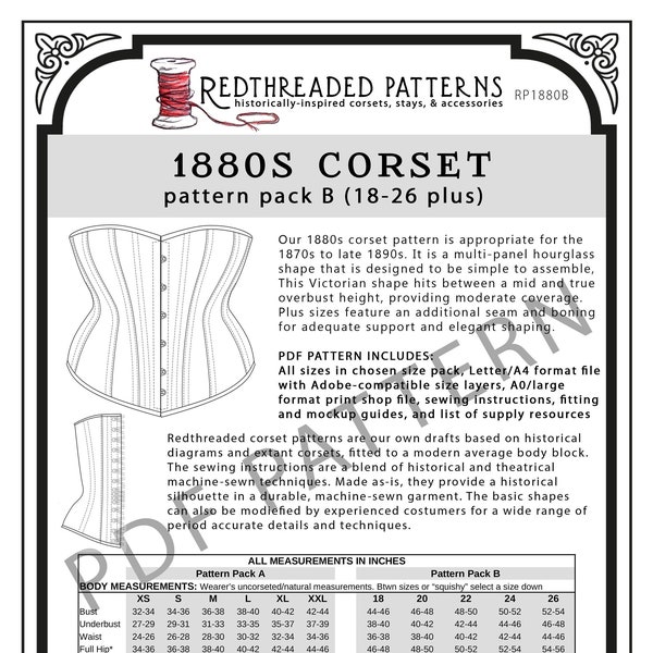 1880s Corset PDF Pattern - Size Pack B (18-26 plus)