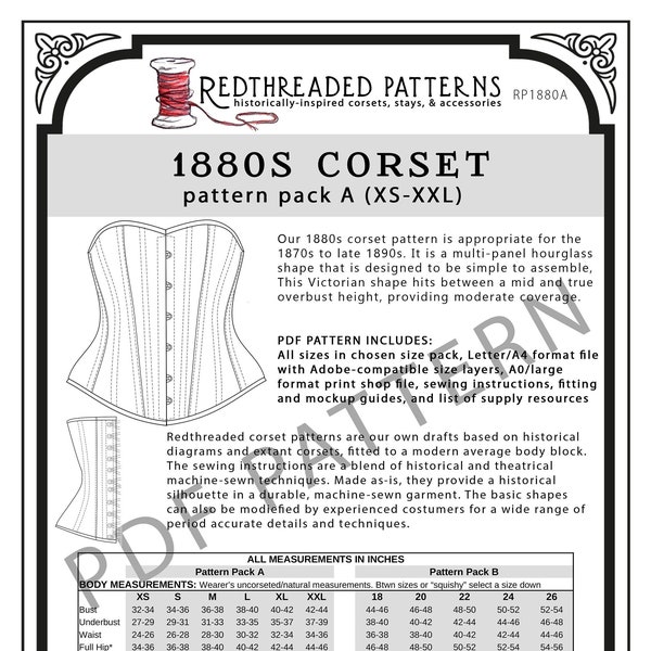 1880s Corset PDF Pattern - Size Pack A (XS-XXL)