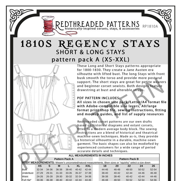 1810s Regency Stays PDF Schnittmuster - Pack A (Größen XS–XXL)