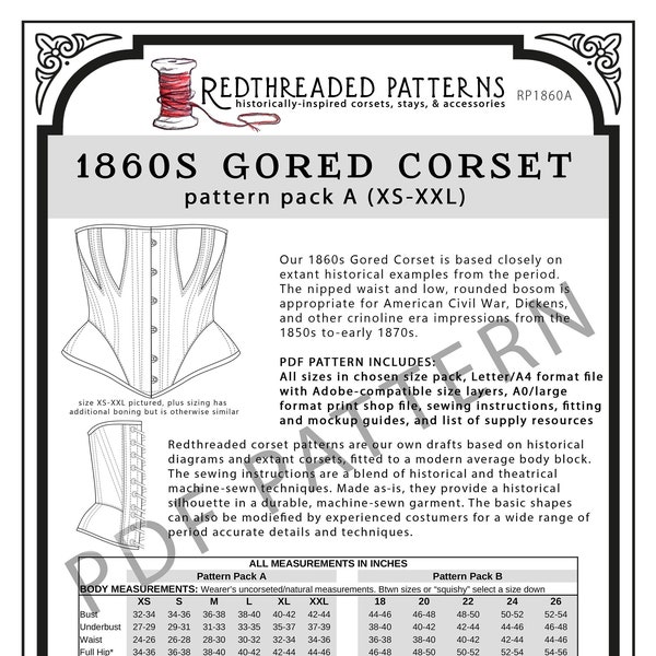 1860s Gored Corset PDF Pattern - Taille Pack A (XS-XXL)