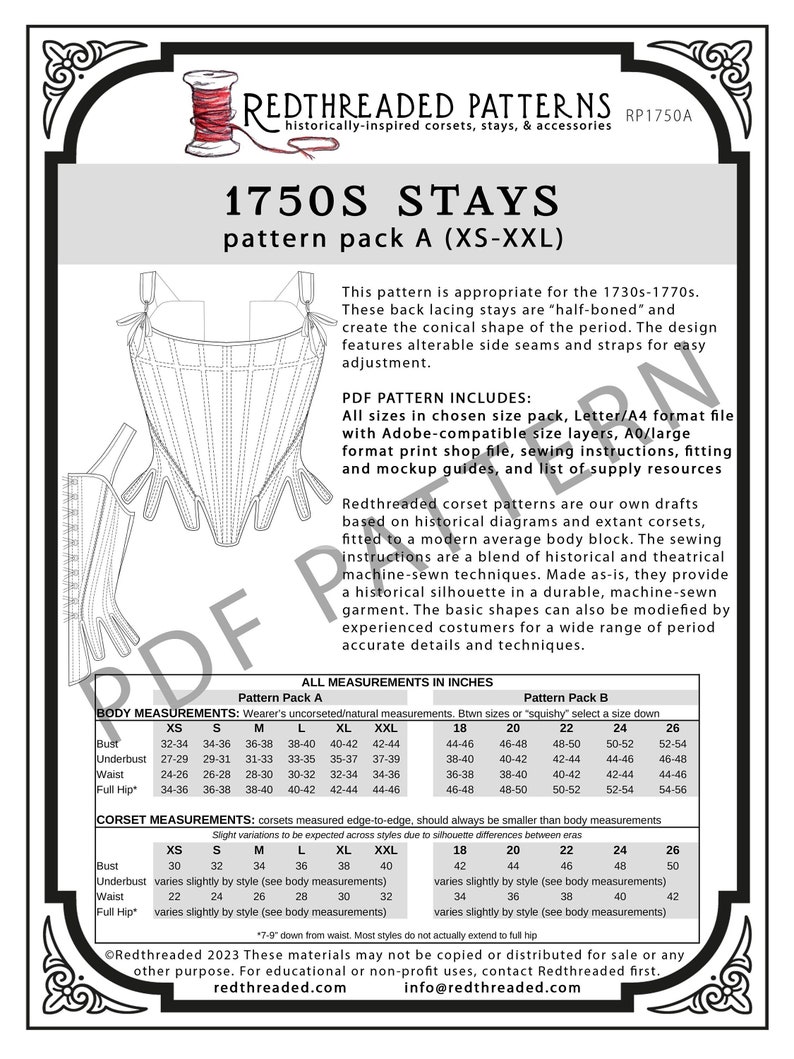 1750s Stays PDF Pattern Size Pack A XS-XXL image 1