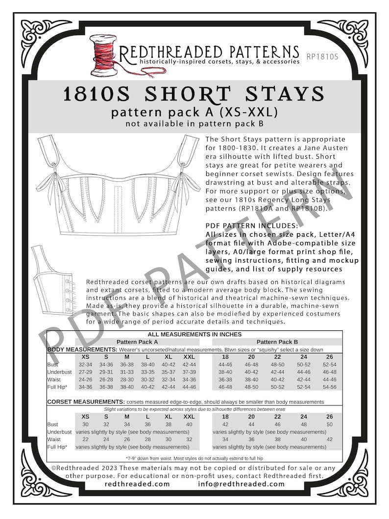 1810s Short Stays PDF Pattern Size Pack A XSXXL image 1