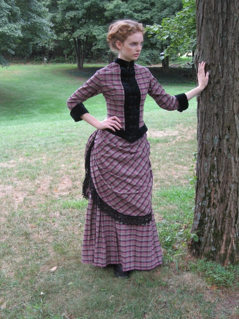 Victorian Bustle Day Dress In Cotton Plaid With Black Velvet Etsy