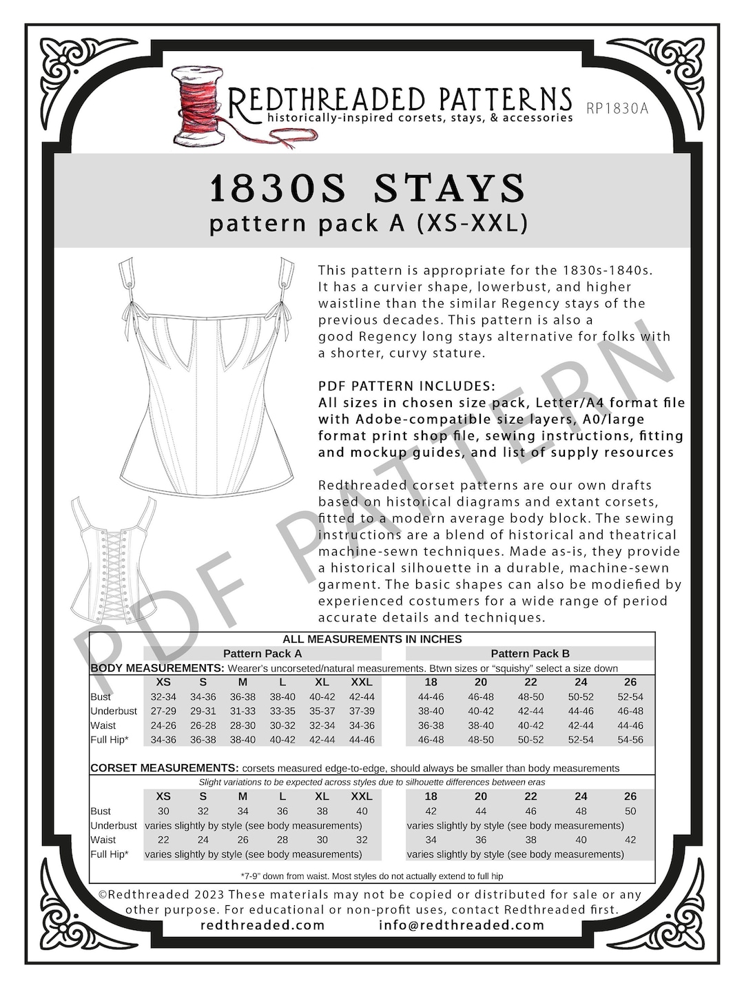 1830s Stays PDF Pattern - Pack A (sizes XS–XXL) - Etsy
