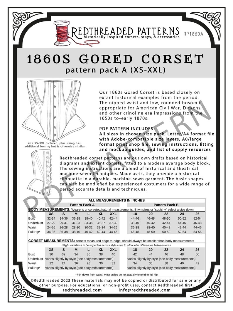 1860s Gored Corset PDF Pattern Size Pack A XS-XXL image 1