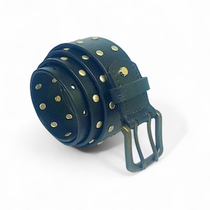 Black Studded Leather Belt for Men | Punk Rock Full Grain Leather Belt | Double Pin Buckle