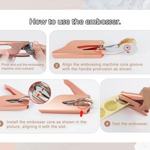 Peut inclure: Un guide &eacute;tape par &eacute;tape sur l'utilisation d'une gaufrreuse. Les instructions montrent comment pincer et tirer le noyau de la machine &agrave; gaufrer, aligner la rainure, installer le noyau et tester la gaufrreuse. La gaufrreuse est de couleur or rose.