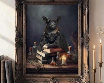 Lámina artística gótica de murciélago negro, arte de murciélago intelectual, decoración cottagecore oscura, impresión giclée castlecore, varios tamaños disponibles