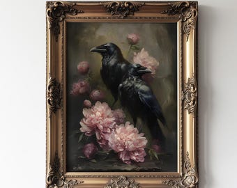 Obra de arte vintage de cuervos, impresión giclée de cuervo y flores, pintura de cuervo de romance gótico, arte victoriano oscuro, decoración Dark Academia.