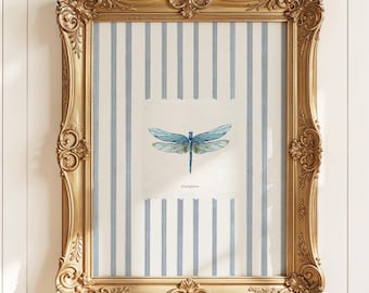 Blue Dragonfly Art, Blue Stripe Giclee Print, Country Cottage Home Giclee Print, Cottagecore Artwork, Nature Art Decor, Multiple Sizes
