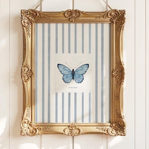 Butterfly Painting, Blue Stripe Giclee Print, Country Cottage Home Decor, Vintage Entomology Insect Art, Multiple Sizes Available