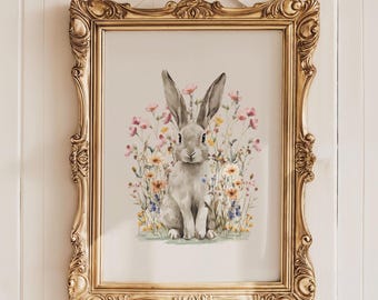 Rabbit Painting, Wildflower Spring Artwork, Watercolor Bunny, Modern Farmhouse Decor, Printable Wall Art