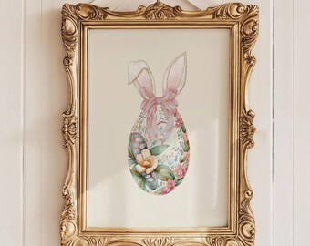 Vintage Bunny Ears Easter Egg Print, Easter Artwork, Egg Painting, Coquette Spring Decorations, Multiple Sizes Available, Instant Download