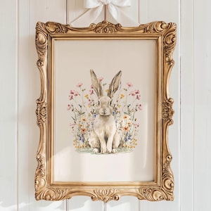 Watercolor Rabbit Painting: Spring Wildflowers Art (Digital Download)