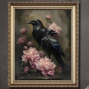 Crow and Peonies Goth Art Print: Dark Academia Raven Decor (Digital Download)